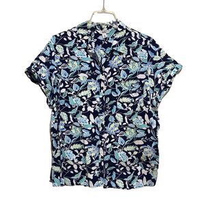 3/$30 Croft & Barrow Blouse Button-Up Womens XXL Blue White Floral Short Sleeve